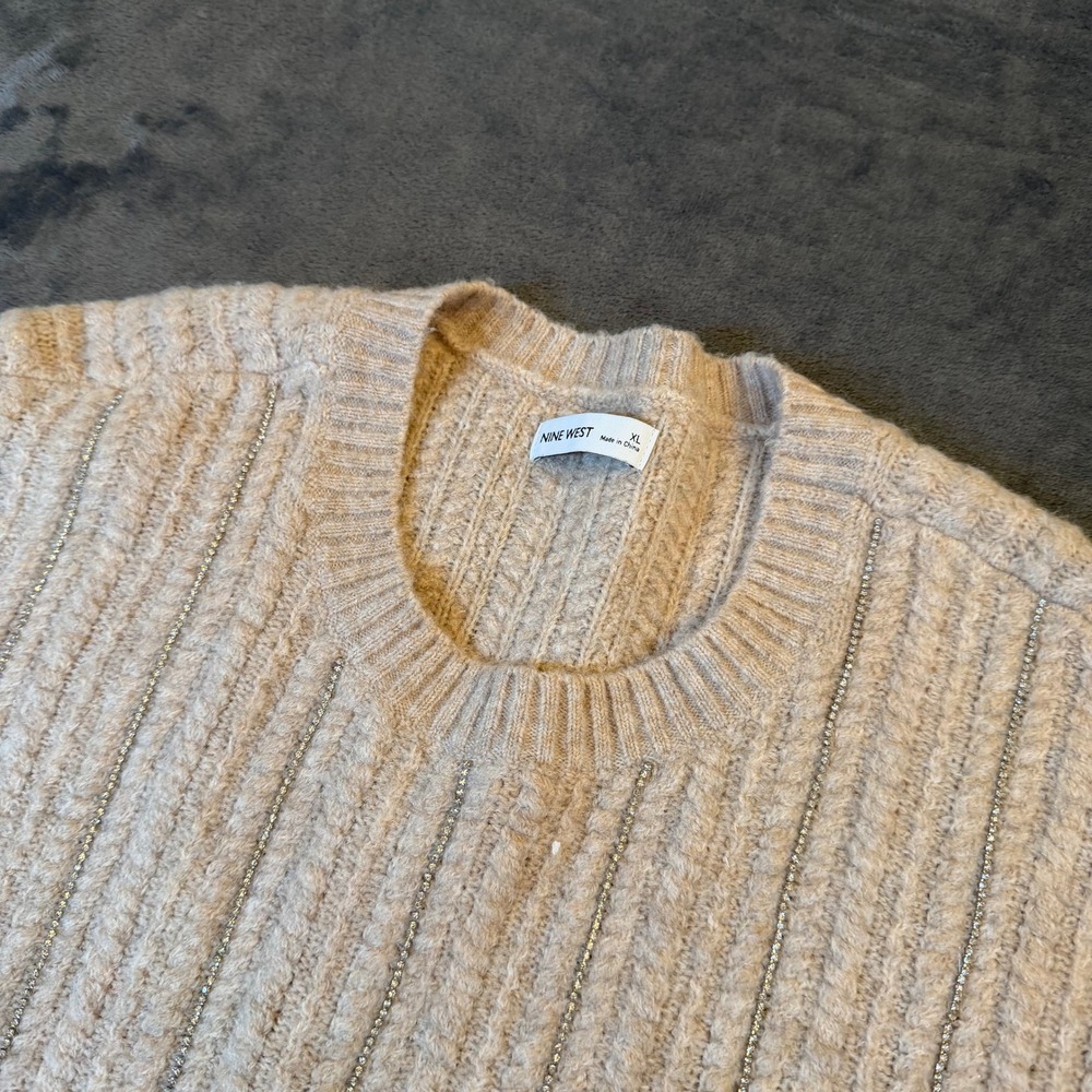Nine West Ribbed Rhinestone Sweater Womens XL Beige Sparkle Relaxed Fit